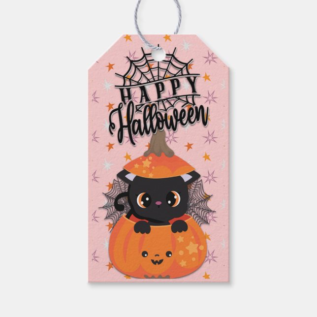 Étiquettes-cadeau Joyeux Halloween Kawaii Chat noir dans un Citrouil (Devant)