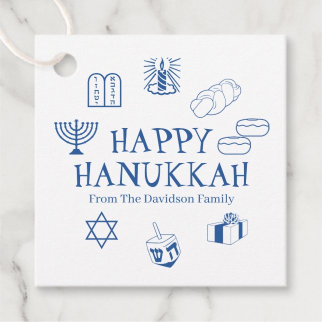 Étiquettes Cadeau Joyeux Hanoukka bleu blanc nom de famille personna (Devant)