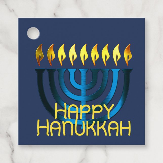 Étiquettes Cadeau Joyeux Hanoukka Menorah Blue (Devant)