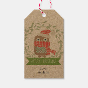 Étiquettes-cadeau Joyeux hibou de Noël Kraft