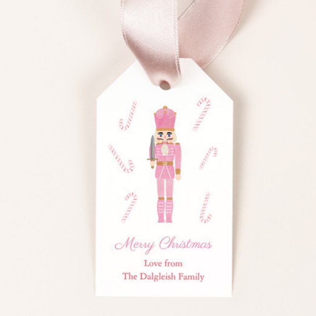 Étiquettes-cadeau Joyeux Jouet de Bonnet Rose Noisette Soldat Joyeus (Nutcracker with pink uniform and candy canes merry christmas gift tags)