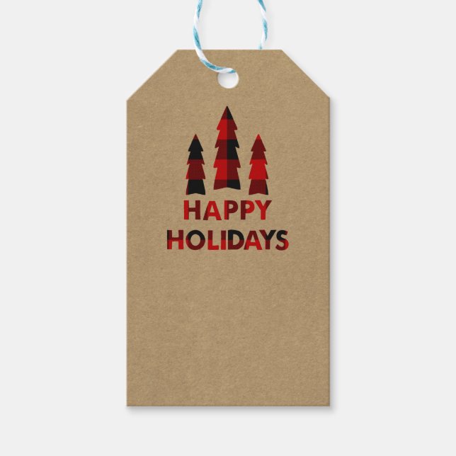 Étiquettes-cadeau Joyeux Joyeux Jours de Noël Arbres Plaid Kraft F (Devant)