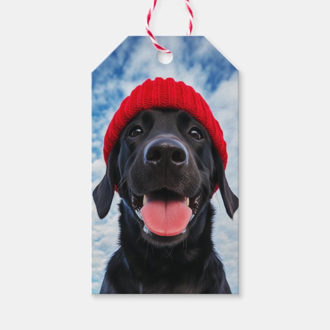Étiquettes-cadeau Joyeux Labrador dans une Beanie rouge sous un ciel (Devant)