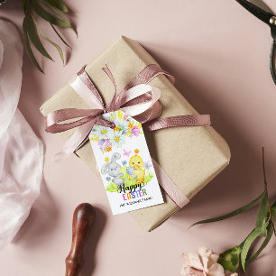 Étiquettes-cadeau Joyeux lapin mignon de Pâques et fleurs de printem