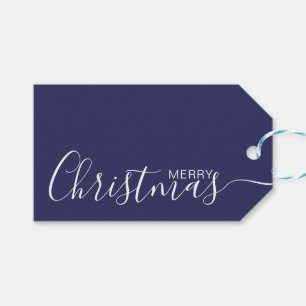 Étiquettes-cadeau Joyeux minimaliste blanc bleu de la marine de Noë