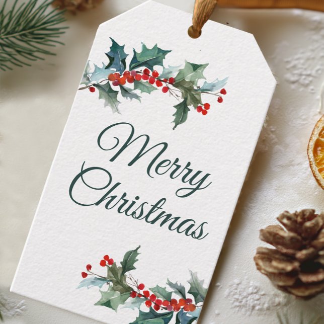 Étiquettes-cadeau Joyeux Noël avec du houx et des baies (Merry Christmas Editable Personalized Gift Tag)