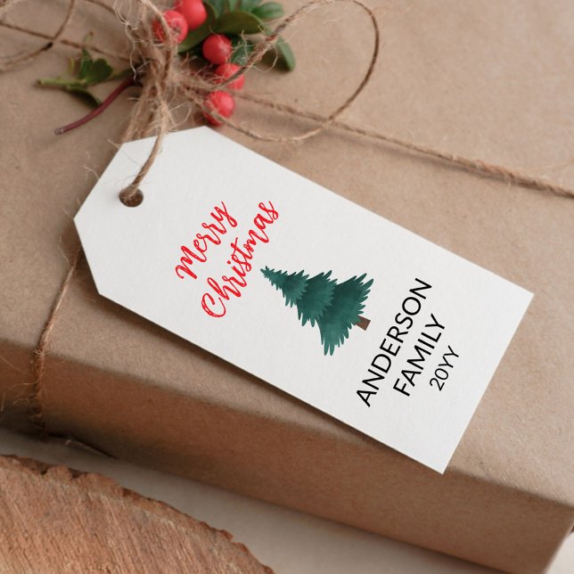 Étiquettes-cadeau Joyeux Noël avec texte rouge et arbre de Noël (Merry Christmas with Red Text and Christmas Tree Gift Tags)