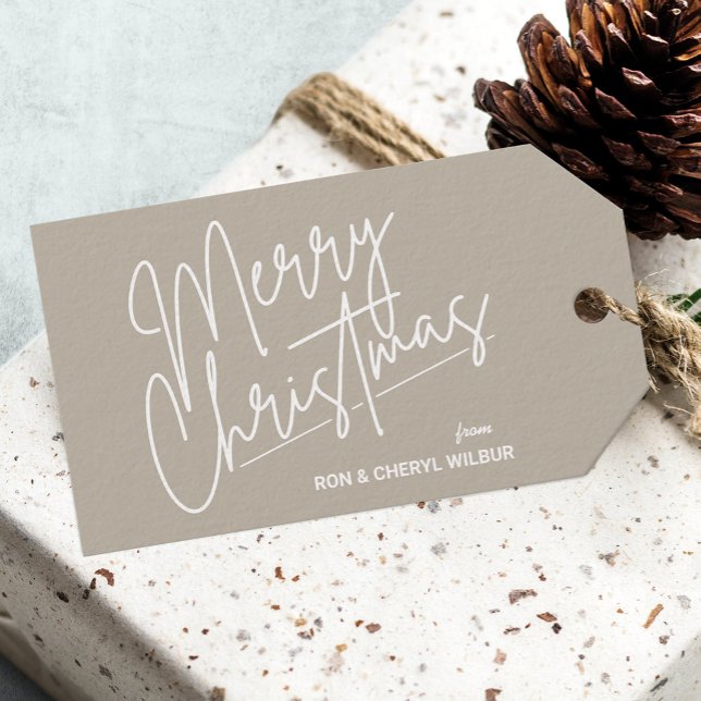 Étiquettes-cadeau Joyeux Noël blanc (White Script Merry Christmas Tan Gift Tags)