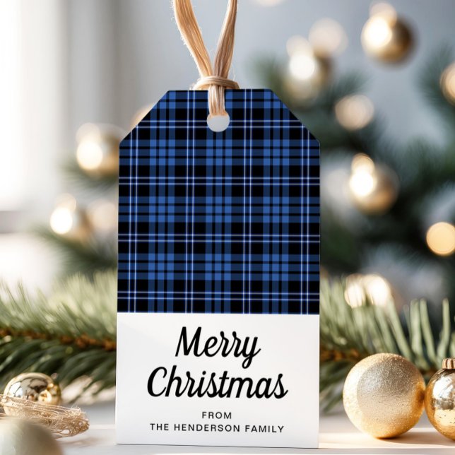 Étiquettes-cadeau Joyeux Noël bleu classique (Blue Tartan Plaid Merry Christmas Gift Tags)