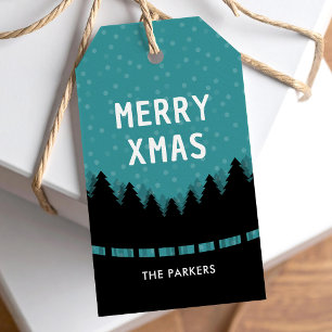 Étiquettes-cadeau Joyeux Noël bleu rétro avec des pins et de la neig