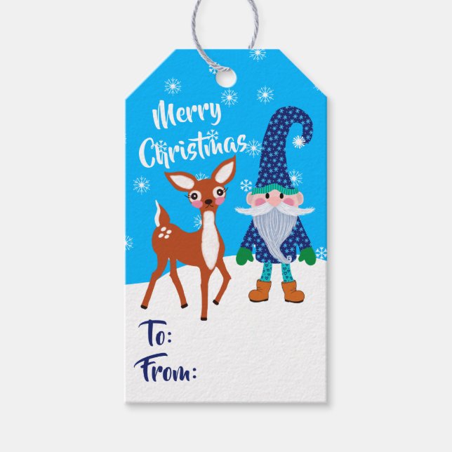 Étiquettes-cadeau Joyeux Noël Blue Snowflakes Gnome Cute Deer (Devant)