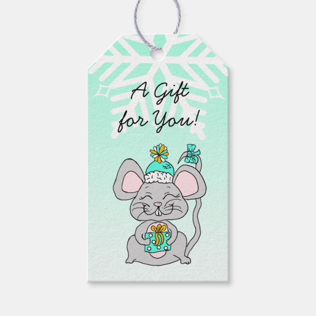 Étiquettes-cadeau Joyeux Noël Bonne Souris du Nouvel An avec cadeau (Devant)