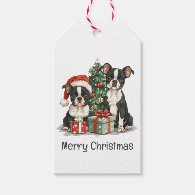 Étiquettes-cadeau Joyeux Noël Boston Terrier Chiens (Devant)