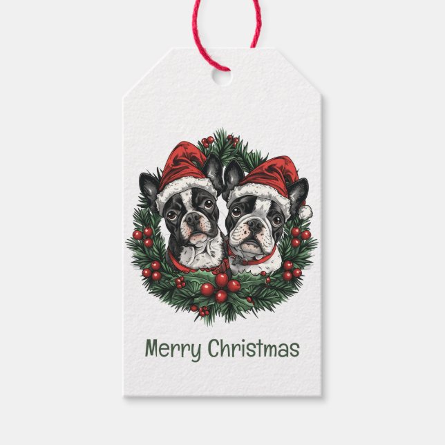 Étiquettes-cadeau Joyeux Noël Boston Terrier Chiens de vacances Wrea (Devant)