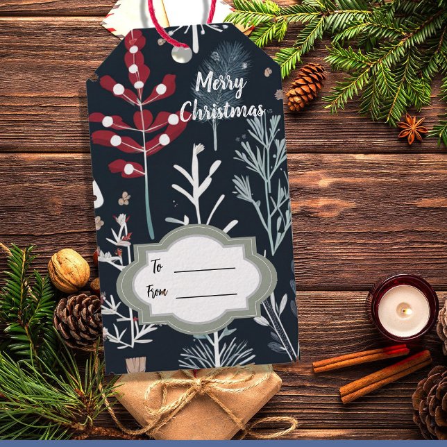 Étiquettes-cadeau Joyeux Noël botanique hiver (Winter greenery botanical Merry Christmas Gift Tags.)