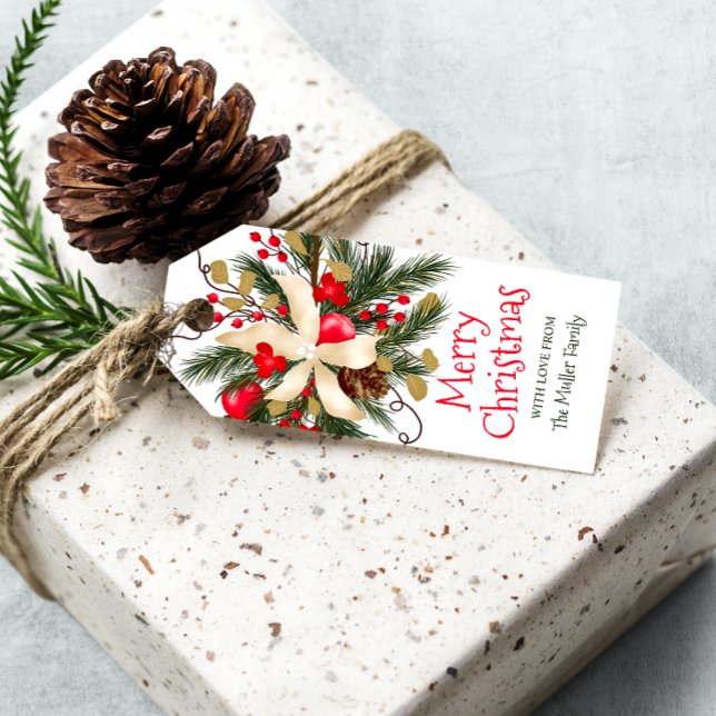 Étiquettes-cadeau Joyeux Noël bouquet floral d'hiver aquarelle (Merry Christmas winter floral bouquet watercolor Gift Tags)