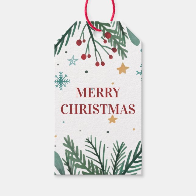 Étiquettes-cadeau Joyeux Noël, Branches d'arbre de Noël, Étoiles (Devant)