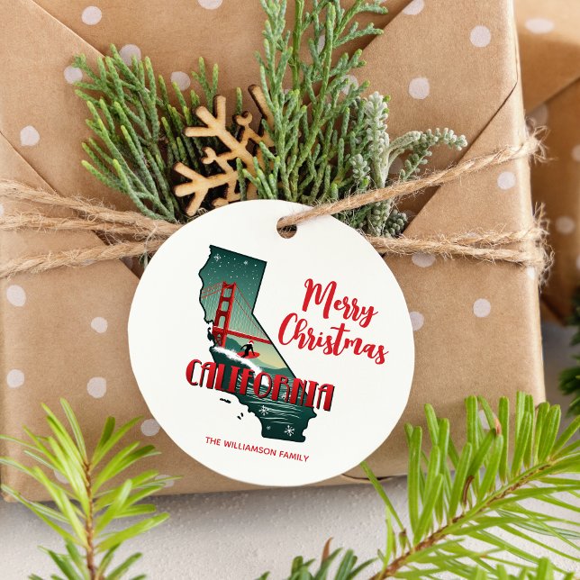 Étiquettes Cadeau Joyeux Noël California State Holiday (Customize with your  Greeting & Family name, matching items in the collection. )