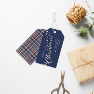 Étiquettes-cadeau Joyeux Noël Calligraphie Script Navy Blue Plaid