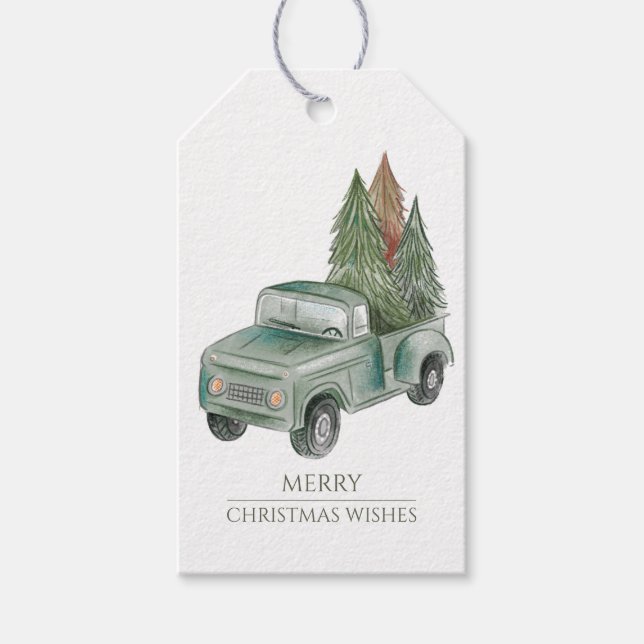 Étiquettes-cadeau Joyeux Noël Camion de Noël Rustique Arbres (Devant)