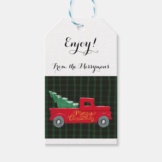 Étiquettes-cadeau Joyeux Noël, Camion Rouge avec arbre de Noël (Devant)