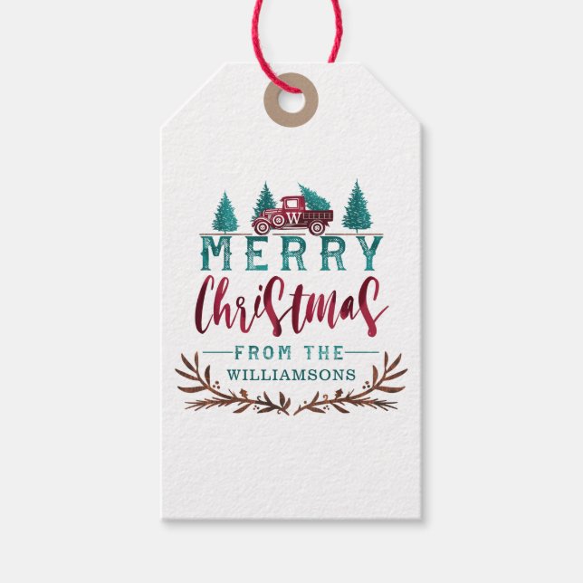 Étiquettes-cadeau Joyeux Noël Camion Rouge Livraison d'arbres de Noë (Devant)