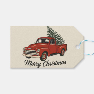 Étiquettes-cadeau Joyeux Noël Camion Rouge Vintage & Arbre de Pin