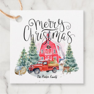 Étiquettes Cadeau Joyeux Noël Camionnette Rouge Vintage de Ferme