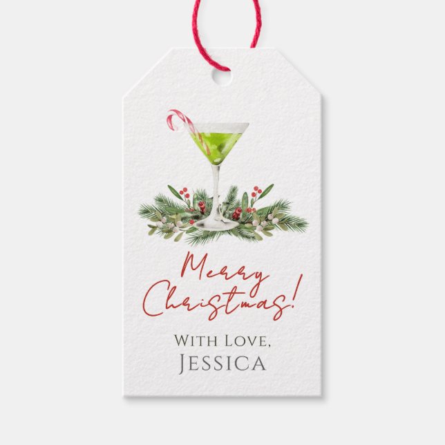 Étiquettes-cadeau Joyeux Noël Canne à Sucre Martini et Gui (Devant)