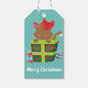 Étiquettes-cadeau Joyeux Noël Chat Teal Blanc pois