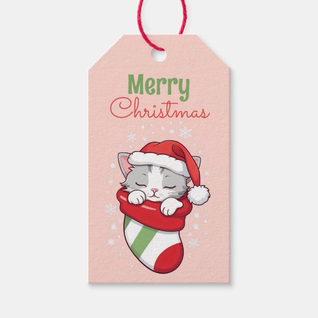 Étiquettes-cadeau Joyeux Noël - Chaton couché à Santa Hat (Devant)