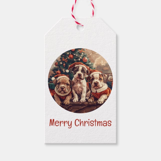 Étiquettes-cadeau Joyeux Noël Chiots Pit Bull (Devant)