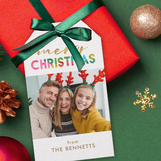 Étiquettes-cadeau Joyeux Noël coloré Photo | Arbres de retour (Créateur téléchargé)