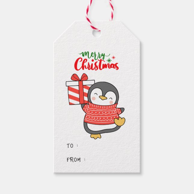 Étiquettes-cadeau Joyeux Noël de Pingouin mignon (Devant)