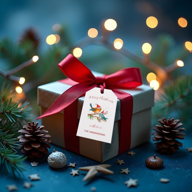 Étiquettes-cadeau Joyeux Noël Deux oiseaux amoureux (Créateur téléchargé)