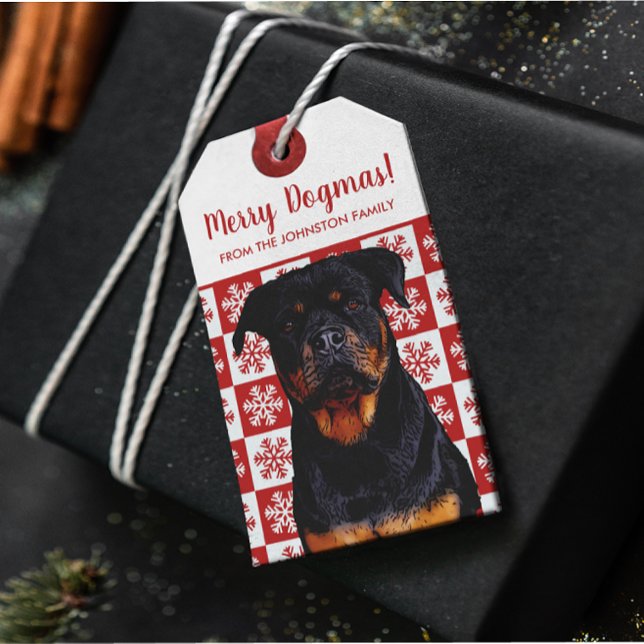 Étiquettes-cadeau Joyeux Noël Dogmas Rottweiler Rouge festif (Créateur téléchargé)