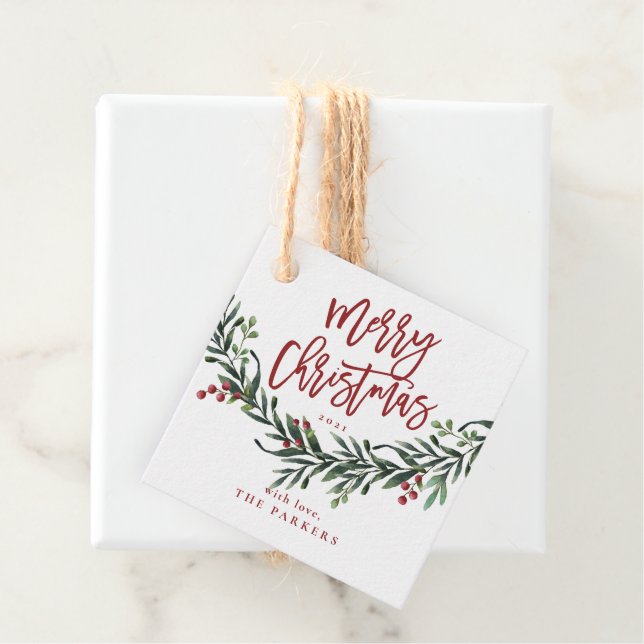 Étiquettes Cadeau Joyeux Noël écriture aquarelle  (En situation)