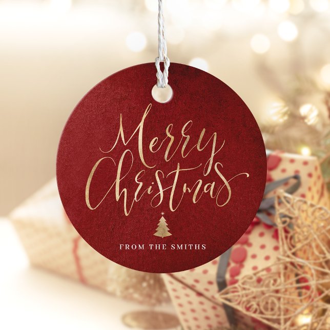 Étiquettes Cadeau Joyeux Noël en calligraphie simple rouge et or (Red and Gold Simple Calligraphy Merry Christmas Favor Tags)