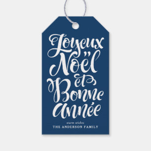 Étiquettes-cadeau Joyeux Noël et Bonne Année Calligraphie Marine Blu