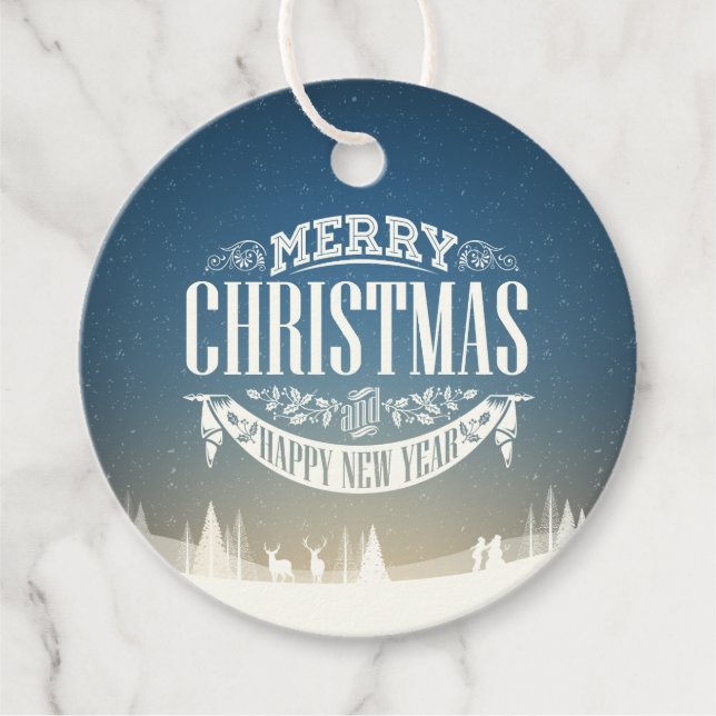 Étiquettes Cadeau Joyeux Noël et Bonne Année Scène de neige (Devant)