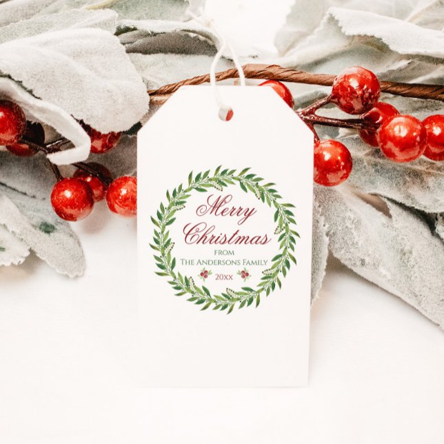 Étiquettes-cadeau Joyeux Noël Famille Wreath d'hiver (Créateur téléchargé)