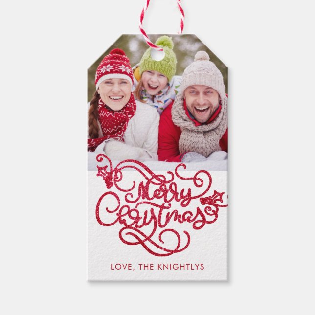 Étiquettes-cadeau Joyeux Noël Fancy Script Parties scintillant rouge (Devant)