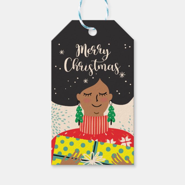 Étiquettes-cadeau Joyeux Noël, Femme noire, Chandail brillant (Devant)