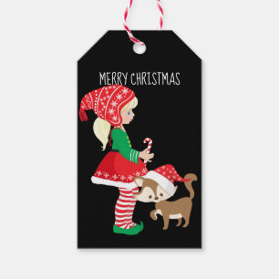 Étiquettes-cadeau Joyeux Noël Fille Elfe et Chat de Noël