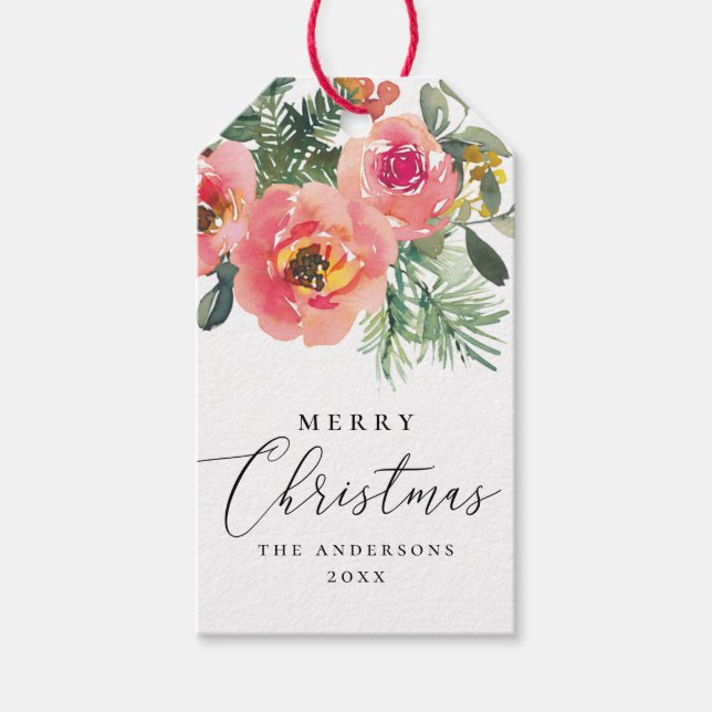 Étiquettes-cadeau Joyeux Noël Fleurs Roses Aquarelle Élégante (Devant)