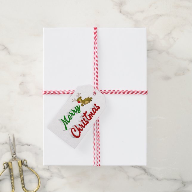 Étiquettes-cadeau Joyeux Noël Flying Reindeer rouge vert script (With Twine)