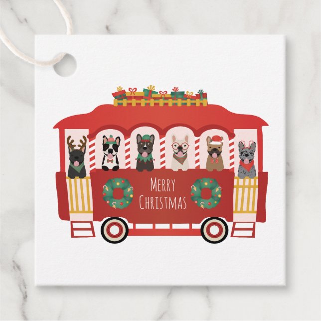 Étiquettes Cadeau Joyeux Noël Français Bulldogs Vacances Trolly (Devant)