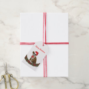 Étiquettes-cadeau Joyeux Noël Funny Chien Whimsical Tree Rouge