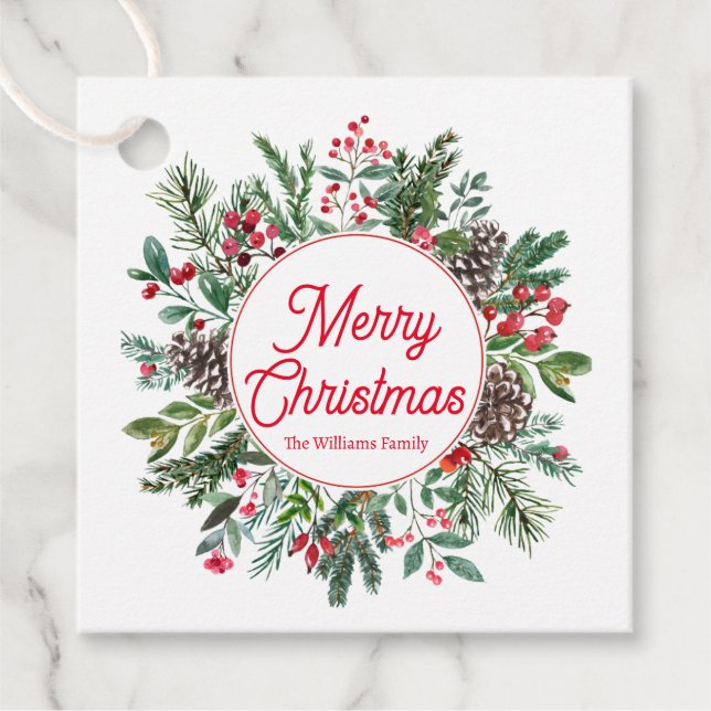 Étiquettes Cadeau joyeux noël hiver verdure écriture rouge (Devant)
