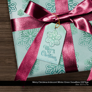 Étiquettes-cadeau Joyeux Noël Iridescente Hiver Green Flocon de neig